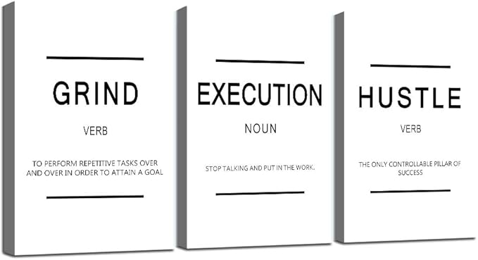 Framed Canvas Wall Art Success Quote, Office Wall Art, White Large Poster, Positive Motivational Set of 3 Prints, Grind Execution Hustle Poster, Inspirational Print-StrideForce Fitness