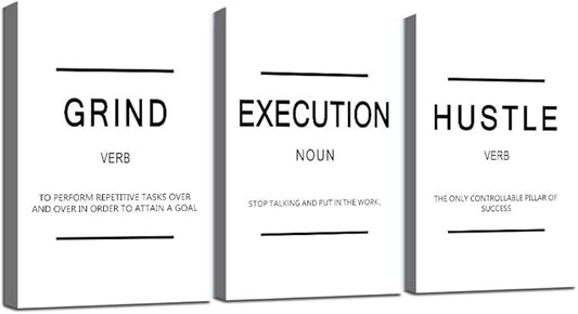 Framed Canvas Wall Art Success Quote, Office Wall Art, White Large Poster, Positive Motivational Set of 3 Prints, Grind Execution Hustle Poster, Inspirational Print-StrideForce Fitness