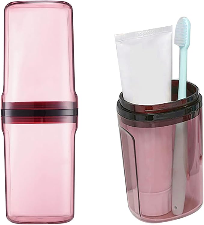 Travel Toileting Cup,Portable Mouthwash Cup,Transparent Toothbrush Cup Holder with Cover,Toiletries Toothpaste Toothbrush Storage Box Carrier Container for Travel Camping Home School Business Trip,Red
