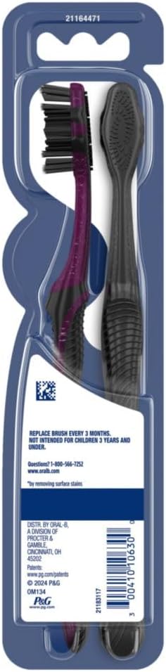 Oral-B 3D White Charcoal toothbrush, 2 count MEDIUM manual tootbrush pack, Whitens teeth, removes plaque and stains, tongue scraper tooth brush