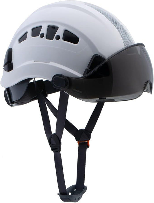LOHASPRO Hard Hats Construction Safety Helmet with Visor ANSI Z89.1 Approved OSHA Hardhat, Vented Men White Hard Hat with Chin Strap Tree Climbing Arborist Helmet (P1 White+Smoked Visor)-StrideForce Fitness