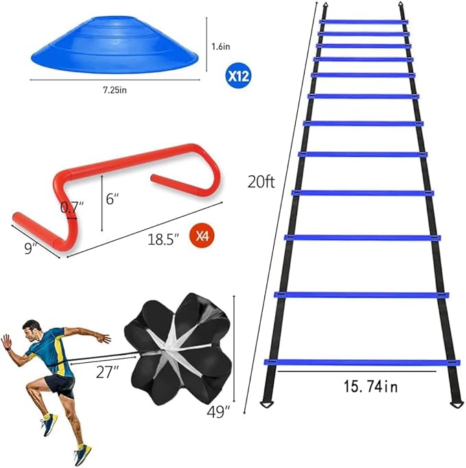 Speed & Agility Ladder Training Equipment Set, Includes 12 Rung 20ft Agility Ladder, 4 Agility Hurdles,12 Disc Cones, 1 Resistance Parachute for Training Football Soccer Basketball Athletes-StrideForce Fitness
