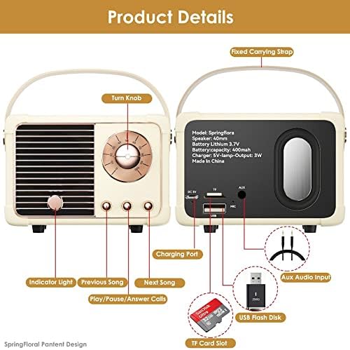 Retro Bluetooth Speaker,Wireless Vintage Small Speaker with Stereo Sound,Hands-free Call,400mA Battery,TF Card, Aux Line,Water-Proof For iOS Android Smartphone Home Office Gift Ideas White-StrideForce Fitness