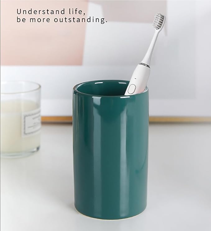 Green Ceramic Toothbrush Holders, Electric Toothbrush Holder for Toothbrushes and Toothpaste,Tumbler Cups Reusable Toothbrush Mouthwash Cup(300ml)