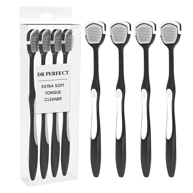 DR PERFECT Soft Tongue Brush Scraper Cleaner Helps Fight Bad Breath Clean Your Tongue Without Hurt Pack Of 4 (Black)