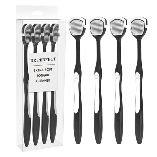 DR PERFECT Soft Tongue Brush Scraper Cleaner Helps Fight Bad Breath Clean Your Tongue Without Hurt Pack Of 4 (Black)