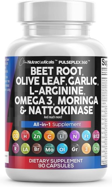 Clean Nutraceuticals Beet Root Capsules Olive Leaf Nattokinase Garlic Extract L-Arginine Omega 3 Red Yeast Rice Hibiscus Danshen - Healthy Support Supplement - 90 Ct-StrideForce Fitness