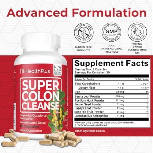 Health Plus Super Colon Cleanse 15 Day Supply of Gentle Gut Cleanse Detox, Psyllium Husk, Probiotics for Constipation Relief & Digestive Support, 60 Capsules-StrideForce Fitness