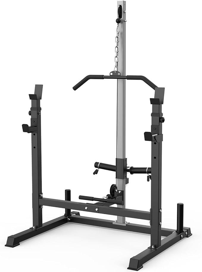 Power Rack with LAT Pulldown Pulley System Adjustable Multi-Functional Squat Rack, Power Cage with J-Hooks Home Gym-StrideForce Fitness