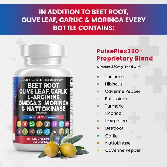 Clean Nutraceuticals Beet Root Capsules Olive Leaf Nattokinase Garlic Extract L-Arginine Omega 3 Red Yeast Rice Hibiscus Danshen - Healthy Support Supplement - 90 Ct-StrideForce Fitness