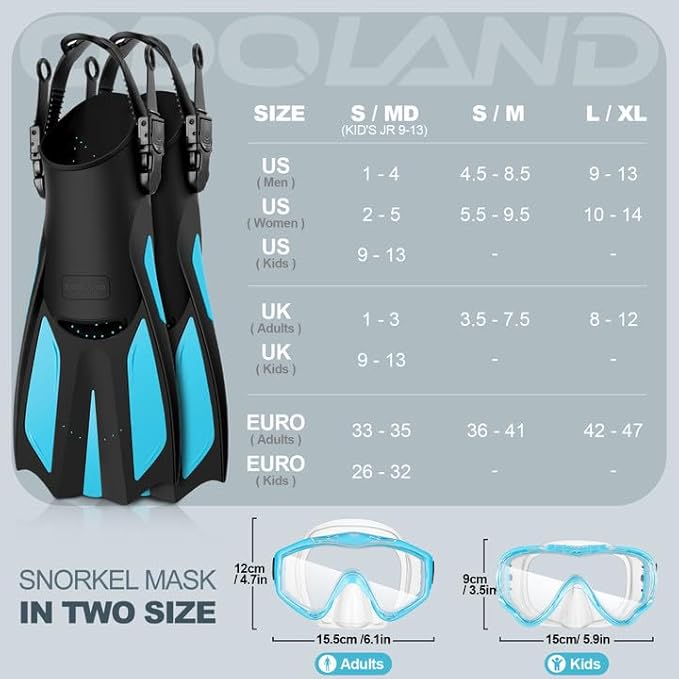 Odoland Kids Snorkeling Packages Snorkel Set, Dry Top Snorkel Mask with Adjustable Swim Fins for Boys and Girls Age 7-14-StrideForce Fitness