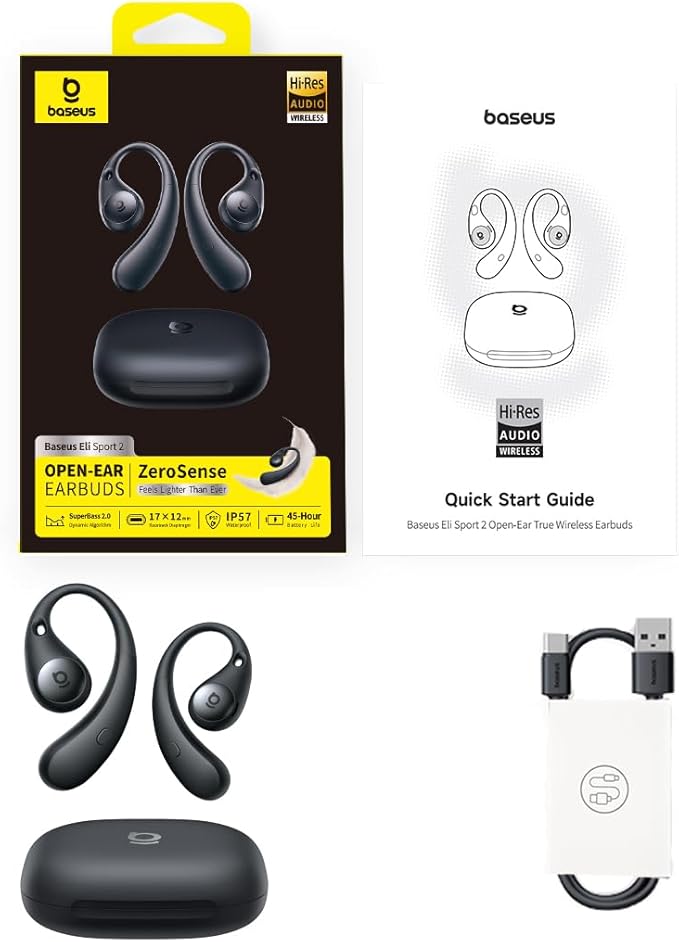 Baseus Eli Sport 2 Open-Ear Headphones Wireless Earbuds,Secure Earhook Sport Design,Ultra-Comfort,4-Mic Clear Calls, IP57 Waterproof,45H Play, Bluetooth 6.0 Earhook Fit Running Workout Gym -Black-StrideForce Fitness