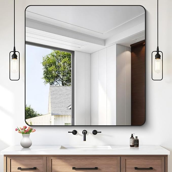FORBATH Bathroom Mirror 42x42 Inch, Large Square Vanity Mirror with Black Aluminum Frame Rounded Corner, Wall Mounted Mirror for Bathroom Bedroom Entryway Living Room Home Decoration-StrideForce Fitness