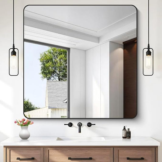 FORBATH Bathroom Mirror 42x42 Inch, Large Square Vanity Mirror with Black Aluminum Frame Rounded Corner, Wall Mounted Mirror for Bathroom Bedroom Entryway Living Room Home Decoration-StrideForce Fitness