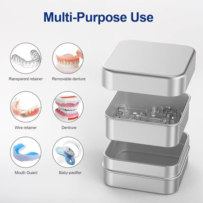 Aluminum Retainer Case Compatible with Invisalign,2 Pack Durable Denture Holder Orthodontic Aligner Holder Mouth Guard Case Retainer Soaking Cups for Travel, Camping, Office