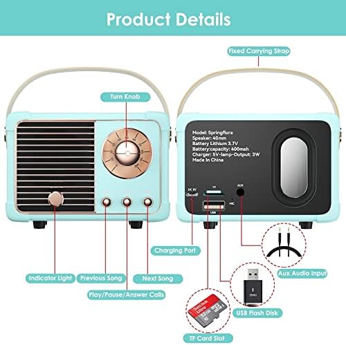 Retro Bluetooth Speaker,Wireless Vintage Small Speaker, Hands-Free Call,400mA Battery,TF Card, Aux Line, Portable Speaker for iOS Android Smartphone Home Office Gift Ideas Blue-StrideForce Fitness
