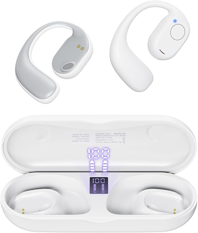 PSIER Open Ear Bluetooth Headphones, 40 Hours Playtime Bluetooth 5.3 Wireless Sports Earbuds with Digital Display Charging Case, White-StrideForce Fitness