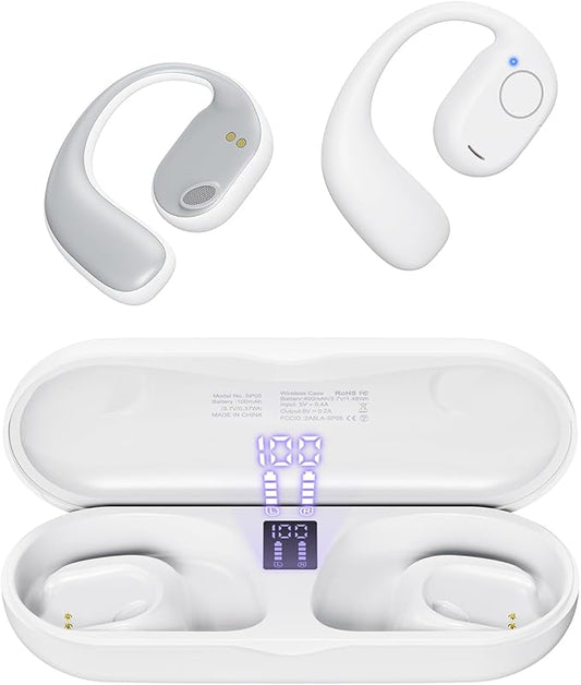 PSIER Open Ear Bluetooth Headphones, 40 Hours Playtime Bluetooth 5.3 Wireless Sports Earbuds with Digital Display Charging Case, White-StrideForce Fitness