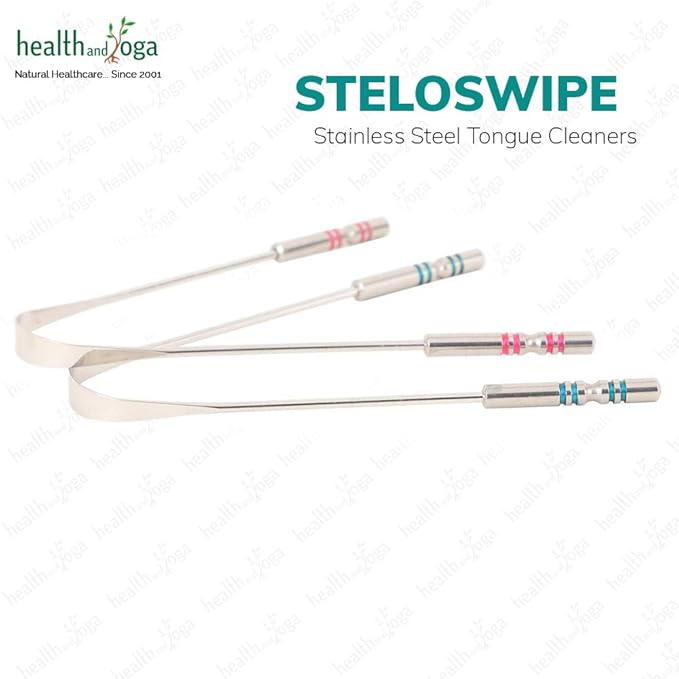 HealthAndYoga™ SteloSwipe His and Hers Premium Tongue Cleaners for Partner and You (2 pcs) - Quality Steel Tongue Scrapers with Color Identifying Hygienic Steel Grips