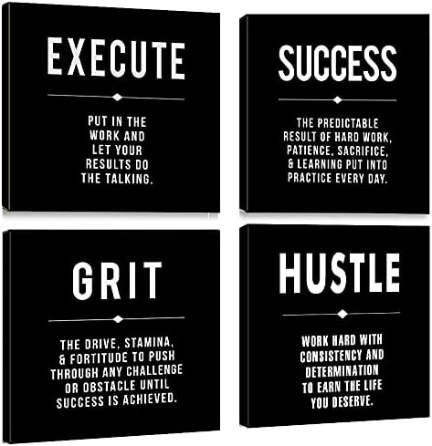 Motivational Grit Success Execute Hustle Quotes Canvas Wall Art -Inspirational Office Wall Art Poster Quotes - Canvas Artwork Picture Print Framed for Home Bedroom Office Wall Decor-12 x12 x4pcs-StrideForce Fitness