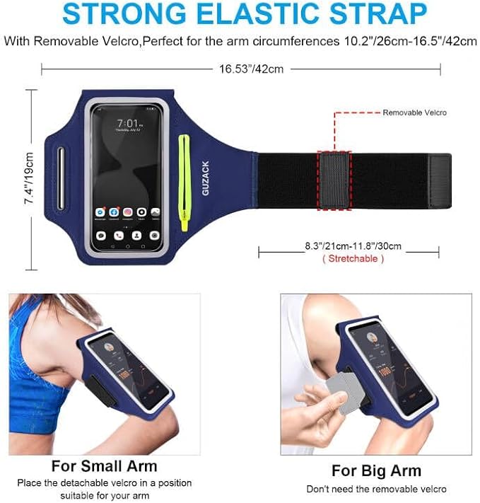 GUZACK Running Armband, Running Phone Holder with Key Pockets & Card Slot for iPhone 15 14 13 12 11 Pro Max Plus, Galaxy S24 S23/S22/S21 Fit Up to 6.9 Inches, Navy Blue Green Zipper-StrideForce Fitness