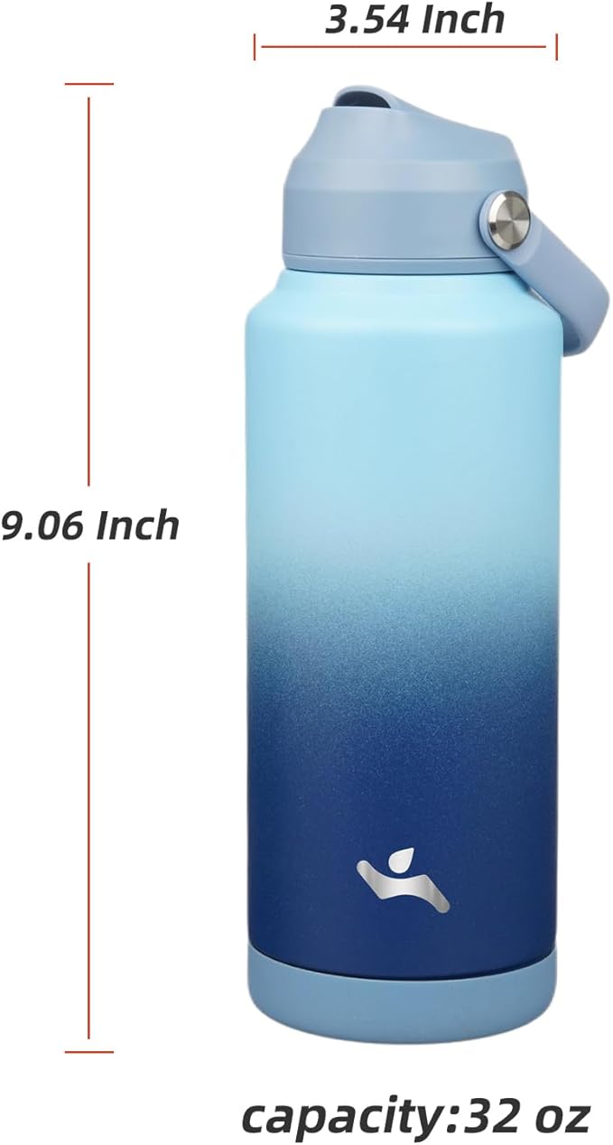 Insulated Water Bottle with Straw Lid,32 oz Stainless Steel Vacuum Metal Bottle with Silicone Handle, Sky-StrideForce Fitness