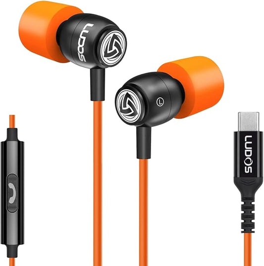 LUDOS Clamor USB C Headphones for iPhone 16 15 Pro Max Plus iPad Pro, 5 Years Warranty, USB-C Earbuds for Samsung Galaxy S24 S23 Ultra S22 S21 FE S20 A55 A54 A53, USB Type C Earphones - Orange-StrideForce Fitness