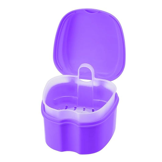 Denture Soaking Cup Dental Retainer Case Cleaning with Strainer Basket, Orthodontic Bath Box Mouthguard Storage Holder - Purple