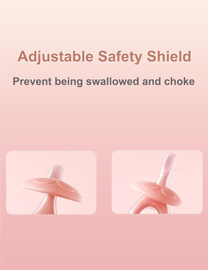 Baby Toothbrush & Teether for Infant and Toddler, Silicone Baby Oral and Tongue Cleaner, Ultra Soft Infant Training Toothbrush with Travel Case, Adjustable Safety Shield - Pink