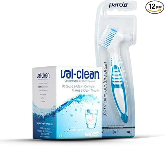 Yourdent-USA Val-Clean Concentrated Denture Cleaner & Paro Clinic Dual-Head Denture Brush Set – 1-Year Supply for Effective Cleaning of Dentures, Retainers & Night Guards