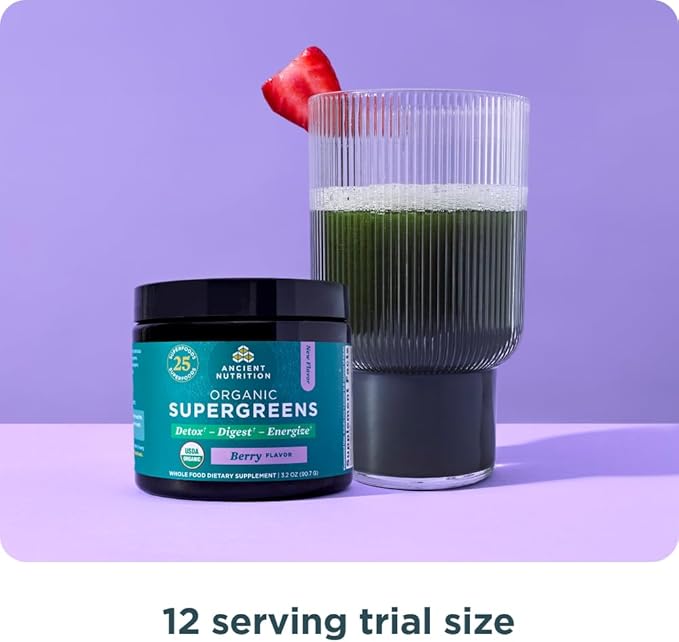 Ancient Nutrition SuperGreens Powder with Probiotics, Organic Berry Flavor Greens, Made from Real Fruits, Vegetables and Herbs, Digestive and Energy Support, 12 Servings, 3.2oz-StrideForce Fitness