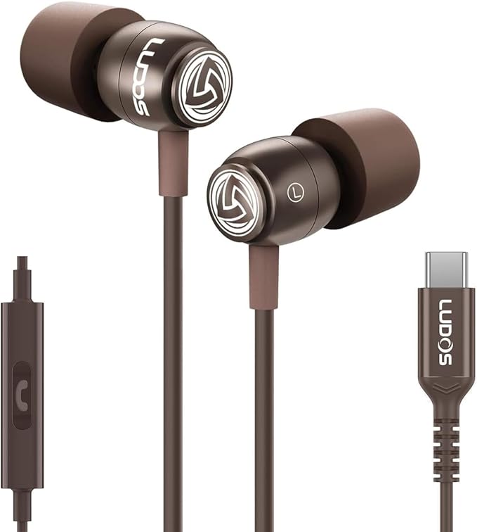 LUDOS Clamor USB C Headphones for iPhone 16 15 Pro Max Plus iPad Pro, 5 Years Warranty, USB-C Earbuds for Samsung Galaxy S24 S23 Ultra S22 S21 FE S20 A55 A54 A53, USB Type C Earphones - Brown-StrideForce Fitness