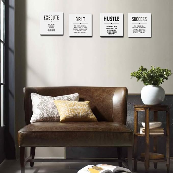 Motivational Grit Success Execute Hustle White Quotes Canvas Wall Art -Inspirational Wall Art Poster Canvas Artwork Picture Print Framed for Home Bedroom-12 x12 x4pcs-StrideForce Fitness