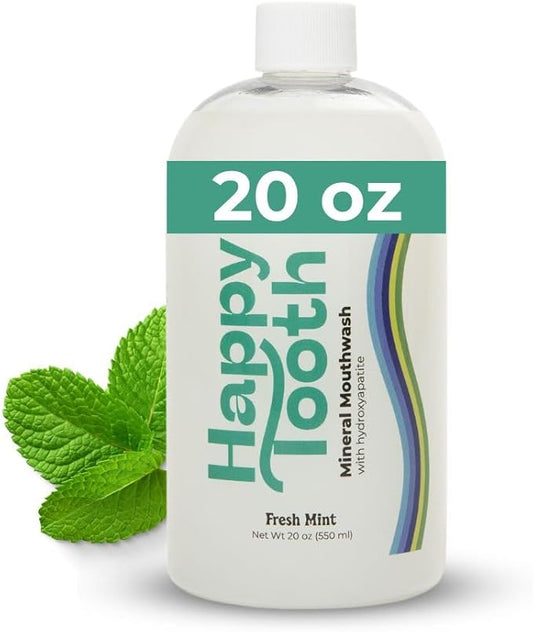 Happy Tooth Hydroxyapatite Mouthwash, Fluoride Free, Teeth Whitening, Remineralizing for Enamel Strength, Fresh Breath, Oral Microbiome Support, Dentist Formulated, Gentle Care, Fresh Mint, 20 Fl Oz