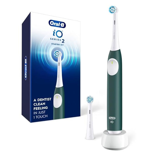 Oral-B iO Series 2 Rechargeable Electric Powered Toothbrush Starter Kit, Forest Green with 2 Brush Heads - Automatic Pressure Sensor to Protect Gums - 3 Modes - 2 Min Timer