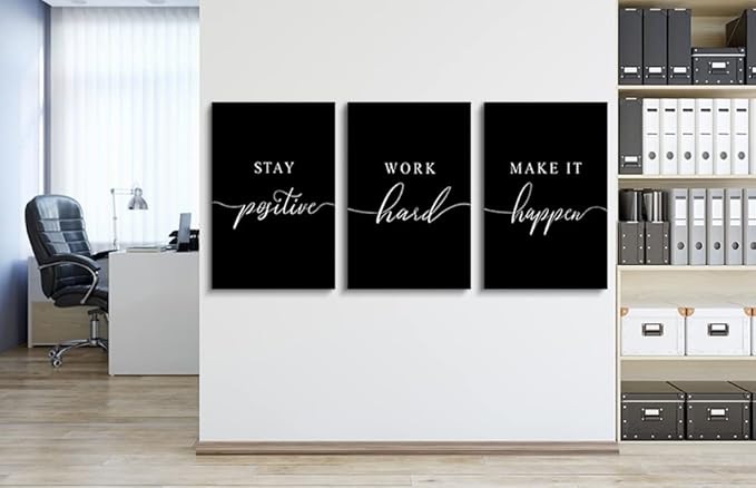 Work Hard Canvas Wall Art - Success Quote, Office Decor - Black Large Poster, Positive Motivational Set of 3 Prints (16x24in x 3pcs)-StrideForce Fitness
