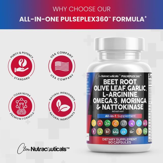 Clean Nutraceuticals Beet Root Capsules Olive Leaf Nattokinase Garlic Extract L-Arginine Omega 3 Red Yeast Rice Hibiscus Danshen - Healthy Support Supplement - 90 Ct-StrideForce Fitness