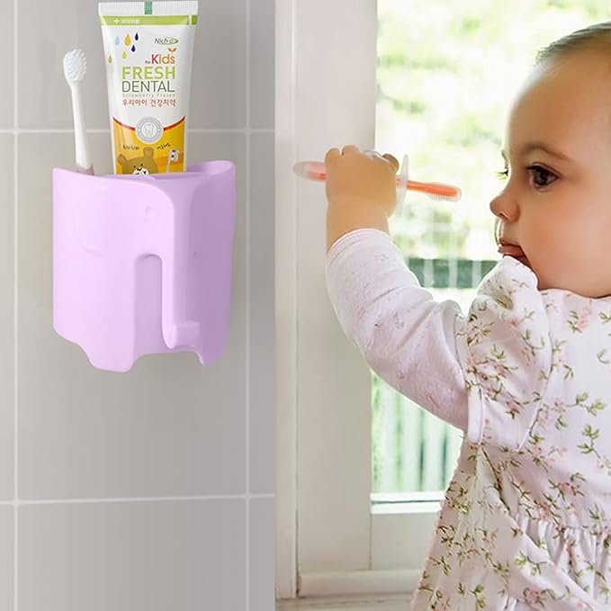 Kids Toothbrush Holder, Cute Elephant Toothbrush Holders for Toddler, Toothbrush Toothpaste Holder for Bathroom, Toothbrush Organizer with 3 Slots and a Hook, Light Purple