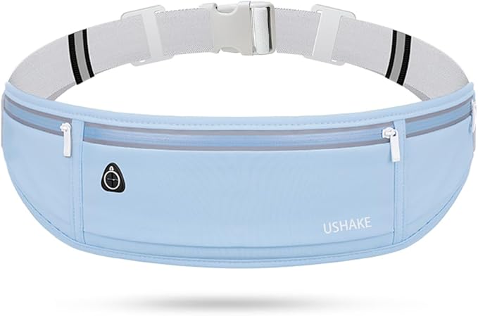 USHAKE Slim Running Belt, Workout Fanny Pack for Men Women,Exercise Waist Pack for Apple iPhone Holder, Runner Belt for Running Walking Cycling Camping Gym Light Blue-StrideForce Fitness