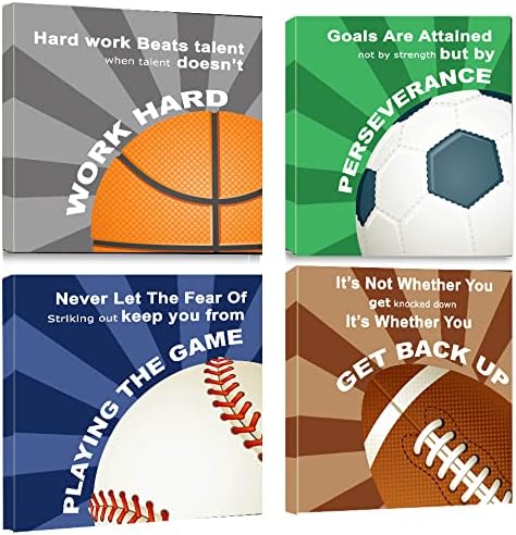 KaiLeFu-Colorful Sports Inspirational Quotes Framed Canvas Wall Art -Motivational Basketball Baseball Soccer Football Quotes Sport Art Wall Decor for Kids Boys Room Classroom -12"x12"x4pcs-StrideForce Fitness