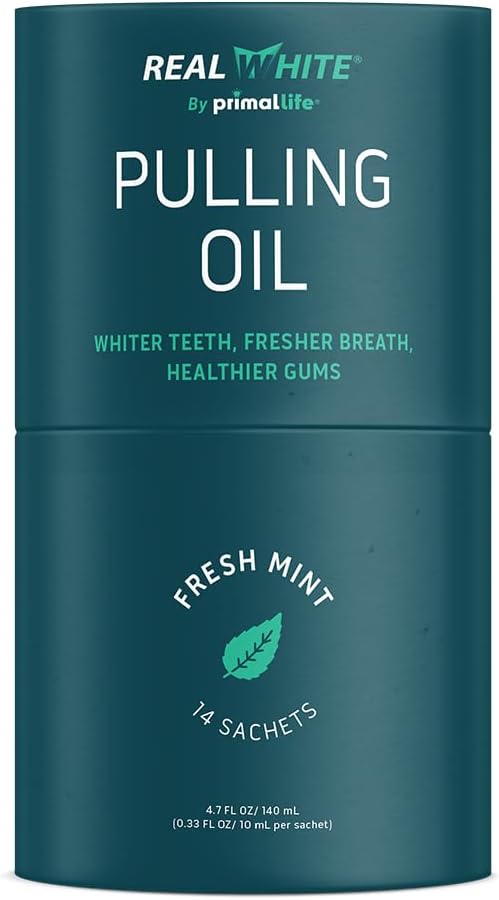 Primal Life Organics – Real White Pulling Oil, Teeth Whitening Mouthwash with Essential Oils, Coconut, Tea Tree, Key Vitamins, Chemical Free, Fluoride Free, 14 Sachets (Fresh Mint, 0.33 oz.)