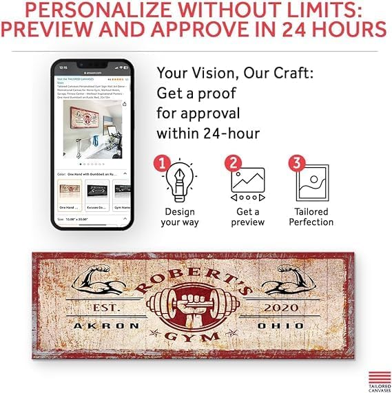 Tailored Canvases Personalized Gym Sign Wall Art Decor - Motivational Canvas for Home Gym, Workout Room, Garage, Fitness Center - Workout Inspirational Posters - One Hand Dumbbell on Rustic Red, 48x16in-StrideForce Fitness