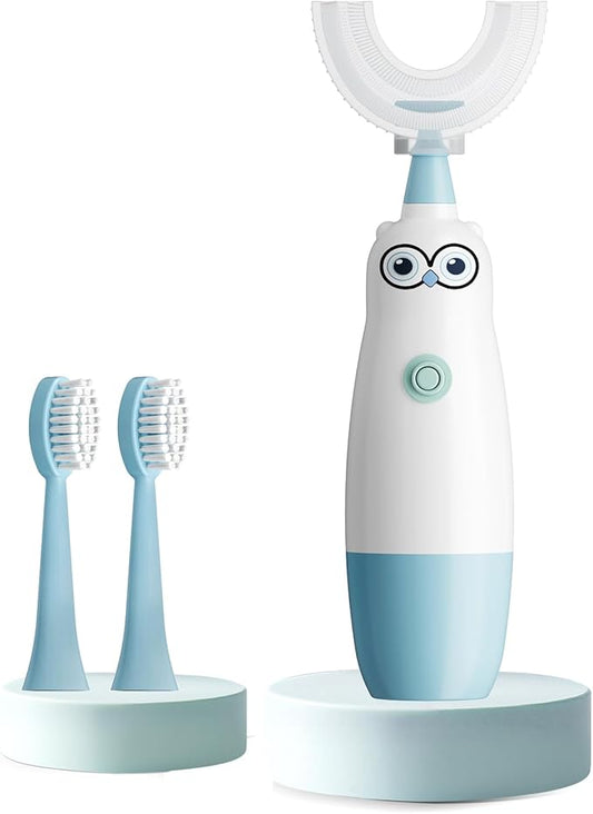 Kids Electric Toothbrush，360-Degree Sonic Vibration, IPX7 Waterproof,Toddler U Shaped Toothbrush with 2 Soft Brush Head,Cute Owl Design Baby Toothbrush for Ages 8–13（Blue）