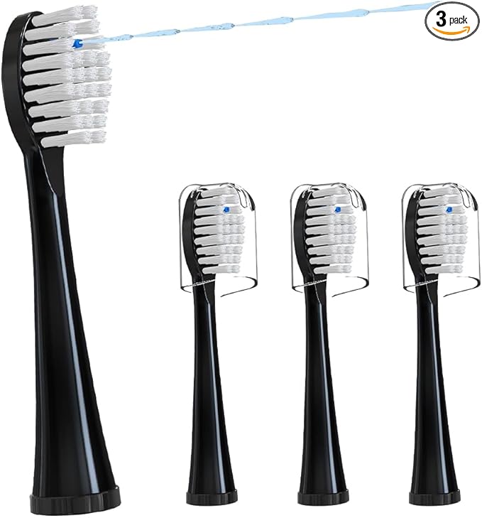 Replacement Brush Heads for 𝗪𝗮𝘁𝗲𝗿𝗽𝗶𝗸 𝐒𝐨𝐧𝐢𝐜-𝐅𝐮𝐬𝐢𝐨𝐧 2.0 Flossing Toothbrush Head fit (SF-01/ SF-02/ SF-03/ SF-04) 3 Pack Black Soft Bristles with Caps (Black, Full Size)