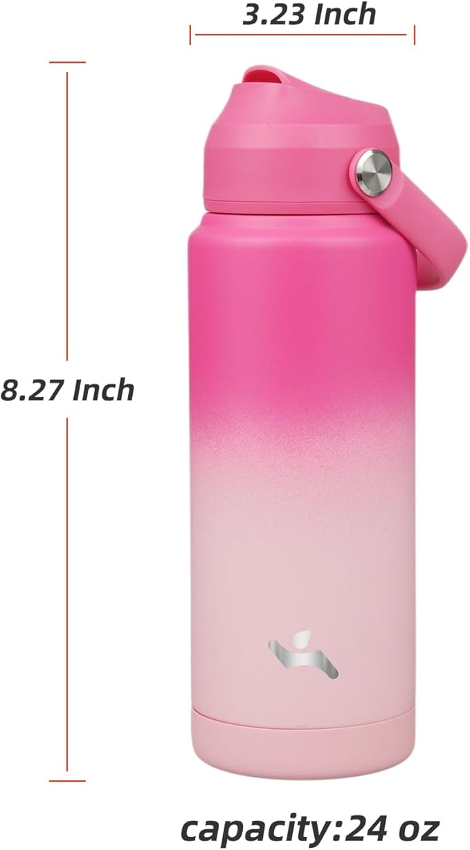 Insulated Water Bottle with Straw Lid,24 oz Stainless Steel Vacuum Metal Bottle with Silicone Handle,Cherry Blossom-StrideForce Fitness