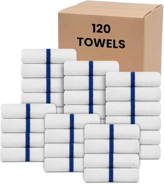 Blue Center Stripe 120 Bulk Towels (22x44) – Economical Soft & Absorbent Bulk Pool Towels for Hotels - Lightweight & Quick Drying White Bath Towels Bulk for Gym & Salon - Durable & Fade Resistant-StrideForce Fitness