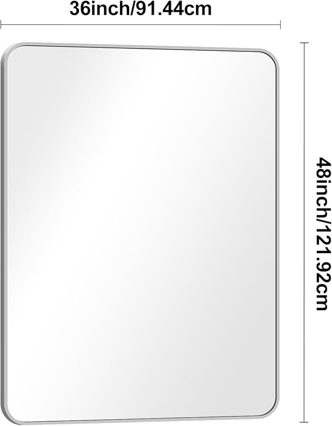 Silver Bathroom Mirror,36x48 inch Wall Mirror for Bathroom Wall Mounted,Rectangle Mirror for Bathroom Over Sink,Modern Frame Round Corner for Living Room,Bedroom Entryway,Horizontal/Vertical-StrideForce Fitness