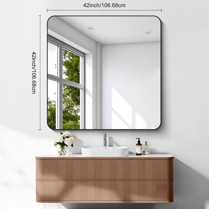 FORBATH Bathroom Mirror 42x42 Inch, Large Square Vanity Mirror with Black Aluminum Frame Rounded Corner, Wall Mounted Mirror for Bathroom Bedroom Entryway Living Room Home Decoration-StrideForce Fitness