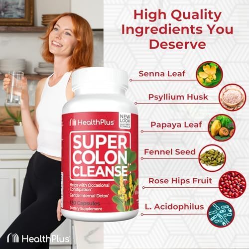 Health Plus Super Colon Cleanse 30 Day Supply of Gentle Gut Cleanse Detox, Psyllium Husk, Probiotics for Constipation Relief & Digestive Support, 120 Capsules-StrideForce Fitness