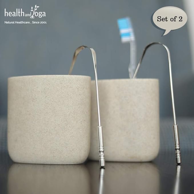 HealthAndYoga™ Tongue Cleaner Scraper with Storage Bag - Hygienic, Surgical Grade, Non-Synthetic Grip – Sterilizable Tongue Brush Cleaner (Surgical Steel - 2 Pack)